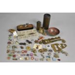 A Collection of Militaria to include Buttons and Badges, Enamelled Badges, Lenses, Army Issue Boot