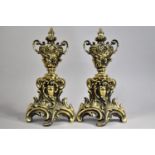 A Pair of Late 19th Century Brass Fire Dogs of Two Handled Vase Form, 33cms High