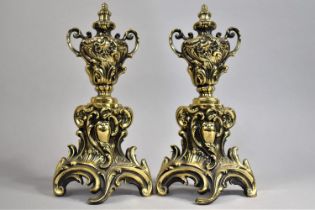 A Pair of Late 19th Century Brass Fire Dogs of Two Handled Vase Form, 33cms High