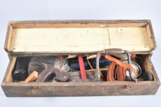 A Vintage Wooden Carpenters Tool Box Containing Various Tools, 64cm wide