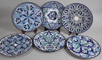 A Set of Six 20th Century Tunisian Chargers Decorated in Blue Enamels with Floral Motif, 31cm