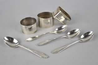 A Collection of Various Silver to Comprise Three Napkin Ring and Set of Four Teaspoons, Various