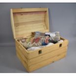 A Pine Domed Box Containing Various Fabric to include Patchwork Quilts, Floral Quit Etc (Box