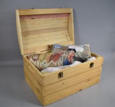 A Pine Domed Box Containing Various Fabric to include Patchwork Quilts, Floral Quit Etc (Box