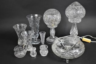 A Collection of Various Cut Glass to comprise Two Lamps with Globular Shades, Glass Bowl, Vases Etc