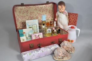 A Vintage Case Containing Vintage Perfumes and Soaps together with Doll, Shells and Shell Book Etc