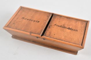 A Small Souvenir Wooden Olive Wood Box, Two Hinged Lids Inscribed Souvenir Fontainebleau, 12cms Wide