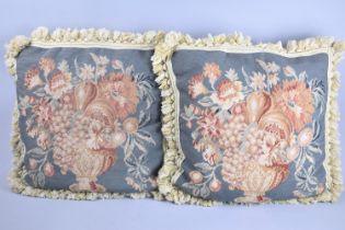 Two Tapestry Scatter Cushions Decorated with Vases of Fruit, 50cm Square