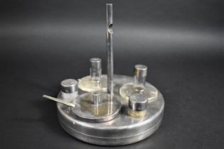 A Continental Stainless Steel Circular Cruet Set with Salt, Pepper and Mustard Pots, Two Oil and