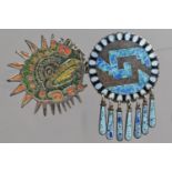 Two Silver and Enamel Brooches with Suspension Loops for Chain, Ancient Designs, Made in Mexico,