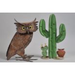 Two American Painted Metal Ornaments, Cactus and Horned Owl, 28cms High