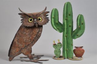 Two American Painted Metal Ornaments, Cactus and Horned Owl, 28cms High