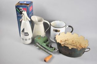 A Small Collection of Kitchenalia to Include Spong Mincer, Enamelled Jug, Sparklets Aquarius Soda