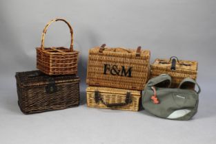 A Collection of Five Modern Wicker Picnic Hampers and a Wicker Four Bottle Carrier