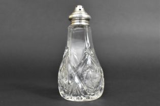 A Glass and Silver Sugar/Spice Shaker by J.S.L, Birmingham Hallmark 1912, 14.5cm high