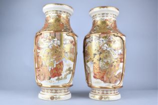 A Large Pair of Japanese Satsuma Pottery Vases, Decorated with Courtiers and Signed to Base, One