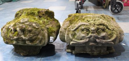 Two Early Carved Sandstone Corbels or Copings with Scroll Decoration, by Repute from Catsclough