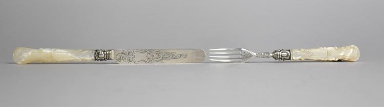 A Matching Silver Knife and Fork Highly Decorated Mother of Pearl Handles, Sheffield Hallmark 1871