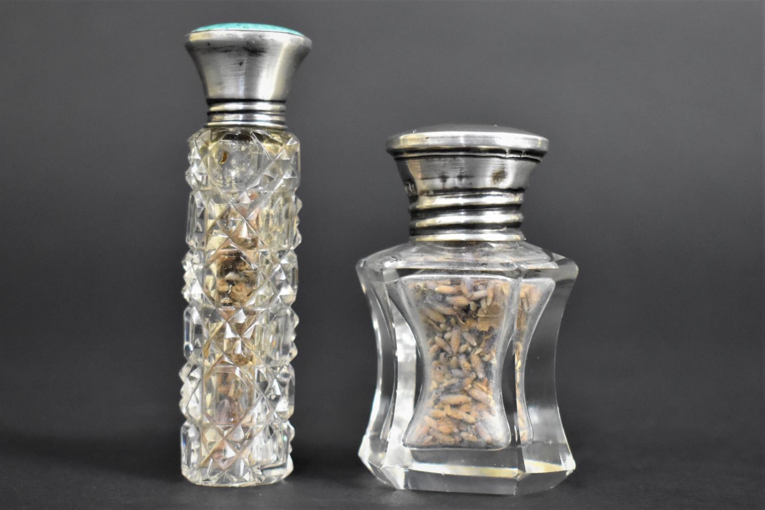 Two Glass and Silver Topped Dressing Table Scent Bottles, both with Birmingham Hallmarks for 1918