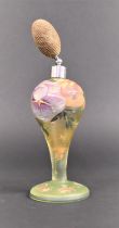 An Art Deco Continental Green Glass Perfume Bottle with Hand Enamelled Decoration with Pansies and