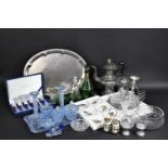 A Collection of Various Glassware to comprise Dressing Table Set, Bowl, Green Glass Tot Set Etc