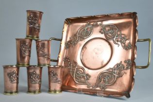 An Art Nouveau Pressed Copper Two Handled Tray together with Six Beakers, Tray 30cms Square