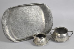 An Early 20th Century Archibald Knox Design English Pewter Milk Jug and Sugar Bowl on Hammered