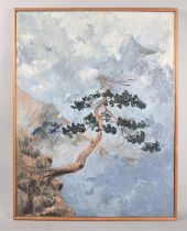 A Framed Oil on Canvas, Tree on Mountain Setting, Signed Julia, with Paper Label Verso for The Welsh