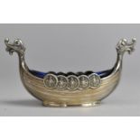 A Sterling Silver Salt in the Form of Viking Boat, Complete with Blue Glass Liner, Stamped 925 S.