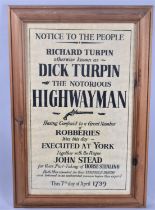 A Reproduction Framed Dick Turpin Poster, 52x31cms