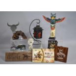 A Collection of Various Western Themed Sundries to Comprise Signs, Ornaments, Branding Iron etc