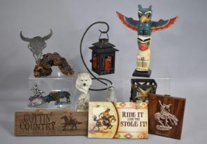 A Collection of Various Western Themed Sundries to Comprise Signs, Ornaments, Branding Iron etc