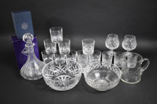 A Collection of Various Cut Glass to include Tumberls, Brandy Balloons, Decanters, Bowl, Jug, to