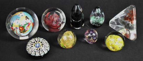 A Collection of Various Glass Paperweights to comprise Oriental Reverse Painted Example, Latticino