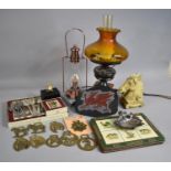 A Collection of Various Items to comprise Lamp in the Form of an Oil Lamp, Amber Glass Shade,