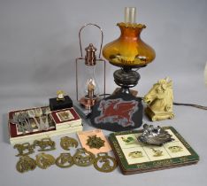 A Collection of Various Items to comprise Lamp in the Form of an Oil Lamp, Amber Glass Shade,