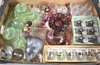 A Collection of Various Vintage Coloured Dressing Table Glass items to include Green Glass