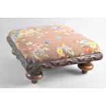 A Late 19th Century Carved Square Footstool with Upholstered Tapestry Top and Four Bun Feet, 33cms