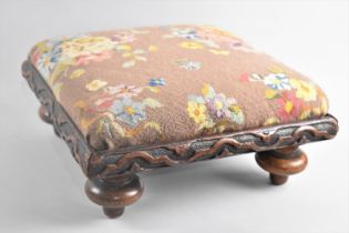 A Late 19th Century Carved Square Footstool with Upholstered Tapestry Top and Four Bun Feet, 33cms