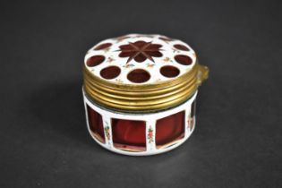 A 19th Century Bohemian Overlaid Ruby Glass Circular Box Decorated with Hand Painted Polychrome