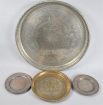 A Large Circular Galleried Tray with Engraved Decoration, 63cm diameter Together with a Pair of