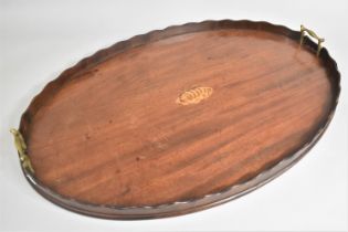 A George III Inlaid Mahogany Oval Tray with Wavy Gallery and Two Brass Side Handles, Conch Shell