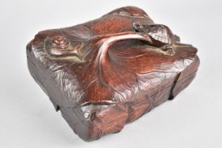 An Early 20th Century Carved Japanese Wooden Box, Lid Decorated with Tortoise and Snail on Lotus