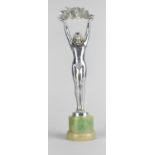 A French Art Deco Chrome Painted Metal Figure of Nude Holding Flower Garland Aloft After Jacques