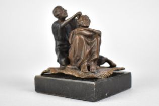 A Bronze Figural Study of Barber and His Client Sat on Rug Set on Square Slate Base, In the style of