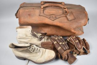 A Vintage Leather Cricket bag Monogrammed JLB Containing Pair of Cricket Boots and Gloves, 54cms