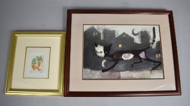 A Framed Cat Print and A Miniature Still Life Print, Carrots