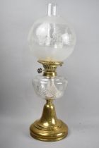 A Late Victorian/Edwardian Brass Oil Lamp with Cut Glass Reservoir, Globular Shade and Plain