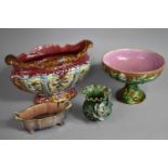 A Collection of Various Majolica to comprise Pedestal Bowl, Twin Handled Dish, Planter, Twin Handled