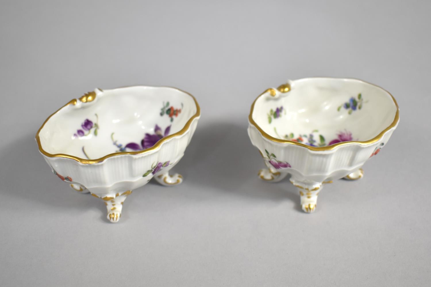 A Pair of Late 19th Century Ludwigsburg Porcelain Salts of Shell Form Raised on Scrolled Quadrant